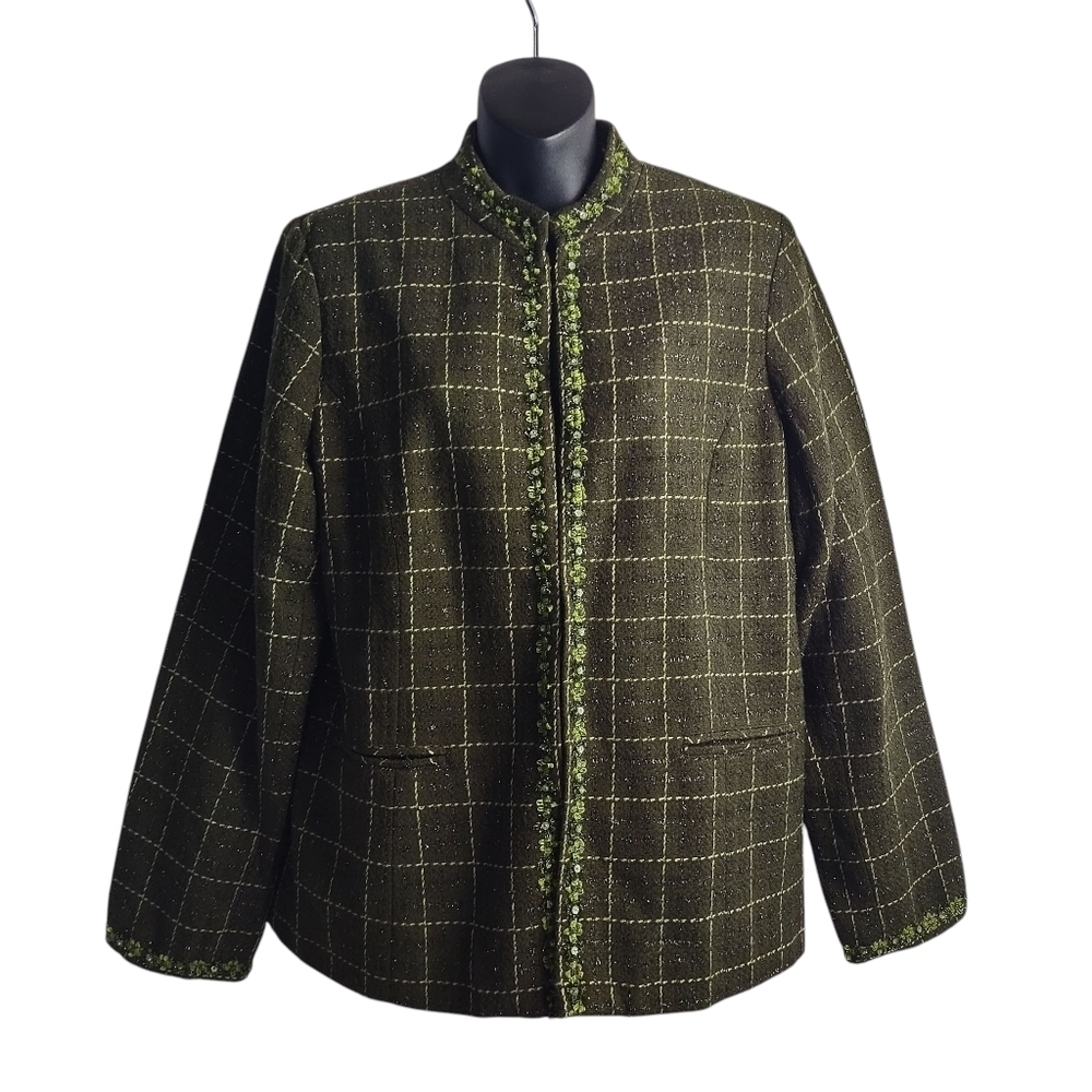 Susan Graver Green Tweed Windowpane Blazer Women's Size M Embroidered Lined